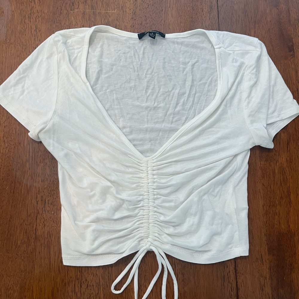 White Crop Ruched Tie Front Blouse
